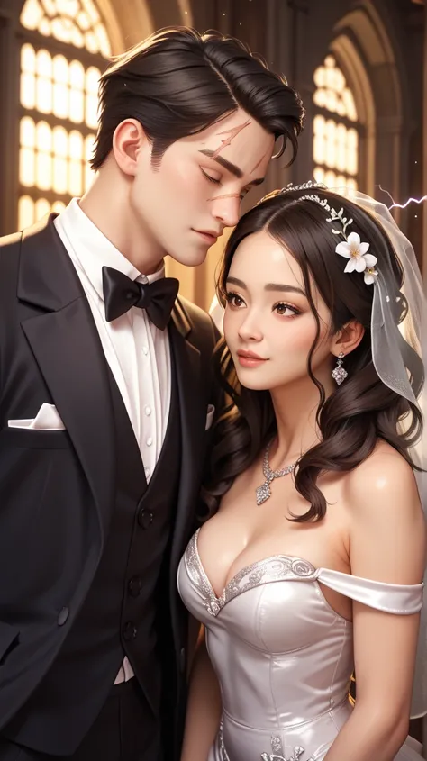 1boy, Harry Potter, dark hair, lightning scar on forehead, tuxedo.
1girl, beautiful asian woman, wedding 