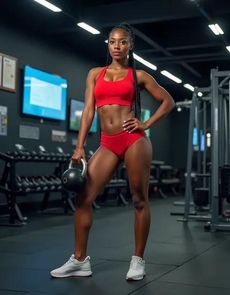 An 18-year-old Afro-descendant woman in a bold red sports bra and lingerie panty, wearing athletic shoes. She performs a standing pose holding a kettlebell in a high-tech gym with digital screens and sleek black flooring. The mid-shot captures her form and...