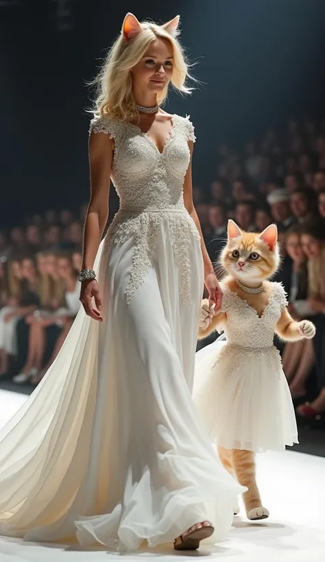 "A graceful mother cat and her playful kitten daughter in matching white gowns with lace and feather detailing, walking on a fashion runway. The mother’s gown has a long flowing train, while the daughter’s dress is shorter and playful. The lighting emphasi...