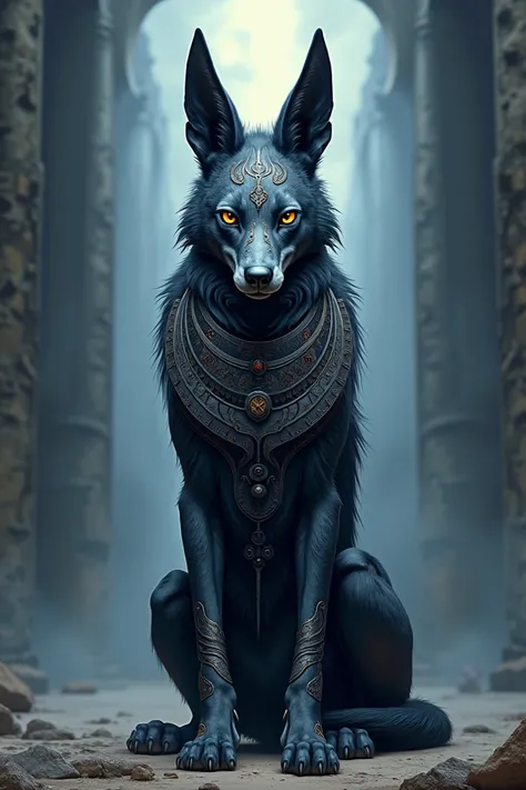 Create an image of Anubis in a neotraditional tattoo looking forward and in gray and blue colors