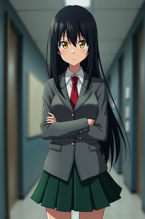 Scrieept cap boku no hero academy white girl with medium bright yellow eyes black hair with fringe and long serious expression gray blazer with red tie and green skirt background a school corridor