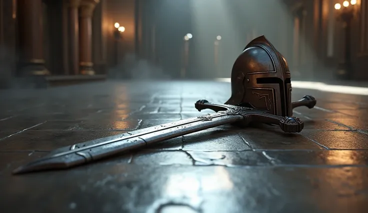 on the floor, a large sword and helmet shine under the ambient light .