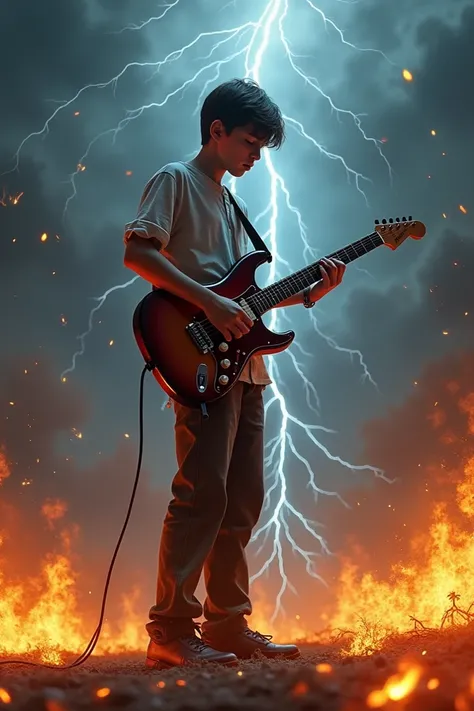 A tall boy playing electric guitar without showing face in a place surrounded with fire and thunder is falling from the sky without clouds 