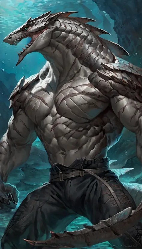 Muscular monster shark, solo, body made of steel, strong, metallic scales, scars on body, 1male solo,feral, muscular, small waist, thick tail, thick scales on the shoulders, marked detailed jaws, open jaws big pecs, pants, full body, comicbook style, best ...