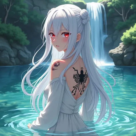  17-Year-Old Anime Girl Boku No Hero Academia Long White Hair, Ojos rojos, cold look, beautiful and attractive, dressed in a white blouse showing her back tattooed with a heart half angel and demon while bathing in the lake near a waterfall, full body yes ...