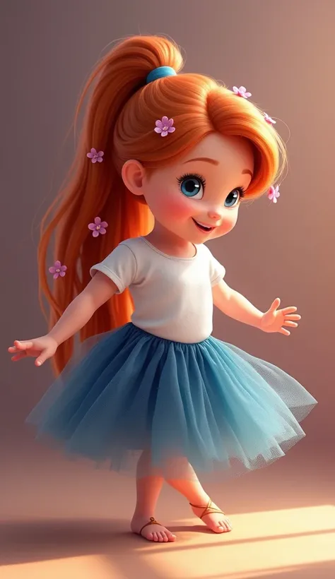 Disney Pixar style character Rapunzel baby with ponytail in her hair that has little flowers and is red-haired with a lack of navy blue tulle and full body white t-shirt for wie to have dancing movements