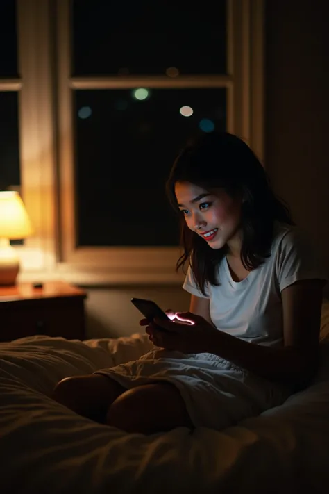 a 25 year old girl, Filipina, She is in her room at night ,  smiling with happiness while sending WhatsApp messages to friends.  shes sitting on the bed , with the cell phone in hand,  typing with enthusiasm and an expression of joy on her face . The room,...