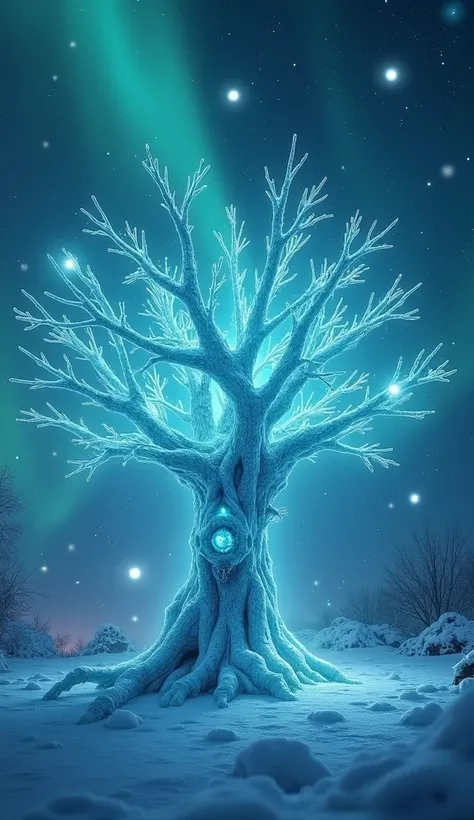 "A spectral tree-like creature with glowing cyan bark that emits faint light, its branches extending like icy claws, pulsating with an eerie blue energy, surrounded by floating, glowing orbs and wisps of cyan mist in a frozen, alien landscape under an auro...