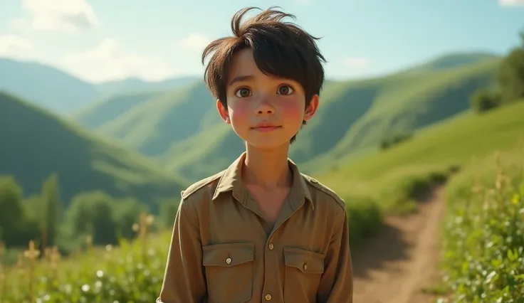 An ultra realistic image of a young man with a curious expression, wearing simple rustic brown clothes, in a simple village. The background shows hills and a bright sky