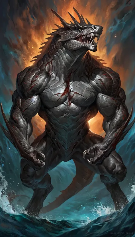 Muscular monster shark, solo, body made of steel, strong, metallic scales, eldrich horror, transparent torso with bones, scars on body, 1male solo,feral, muscular, small waist, thick tail, thick scales on the shoulders, bloody maw, marked detailed jaws, op...