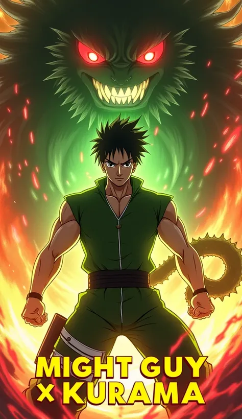 Create an intense, action-packed 4K anime-style thumbnail featuring Might Guy in his Eight Gates form, radiating fiery energy from every pore of his body. His green jumpsuit should be torn from the overwhelming power, revealing his muscular frame. His glow...