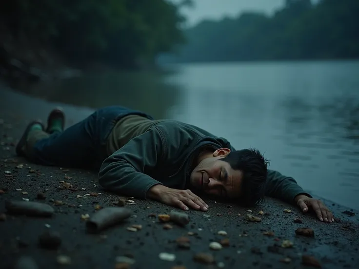  Give me a photo , A middle-aged Chinese man lies unconscious with his head stretched out on the river bank, Detail, high quality, wide angle, night