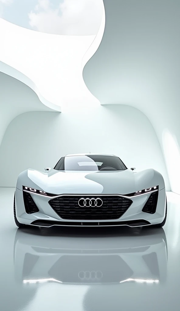 A captivating and futuristic image of the (Audi skysphere) is displayed in a luxurious white showroom. The car is painted in a striking vibrant (white) hue, emphasizing its sleek, aerodynamic design with bold accents that highlight the cutting-edge innovat...