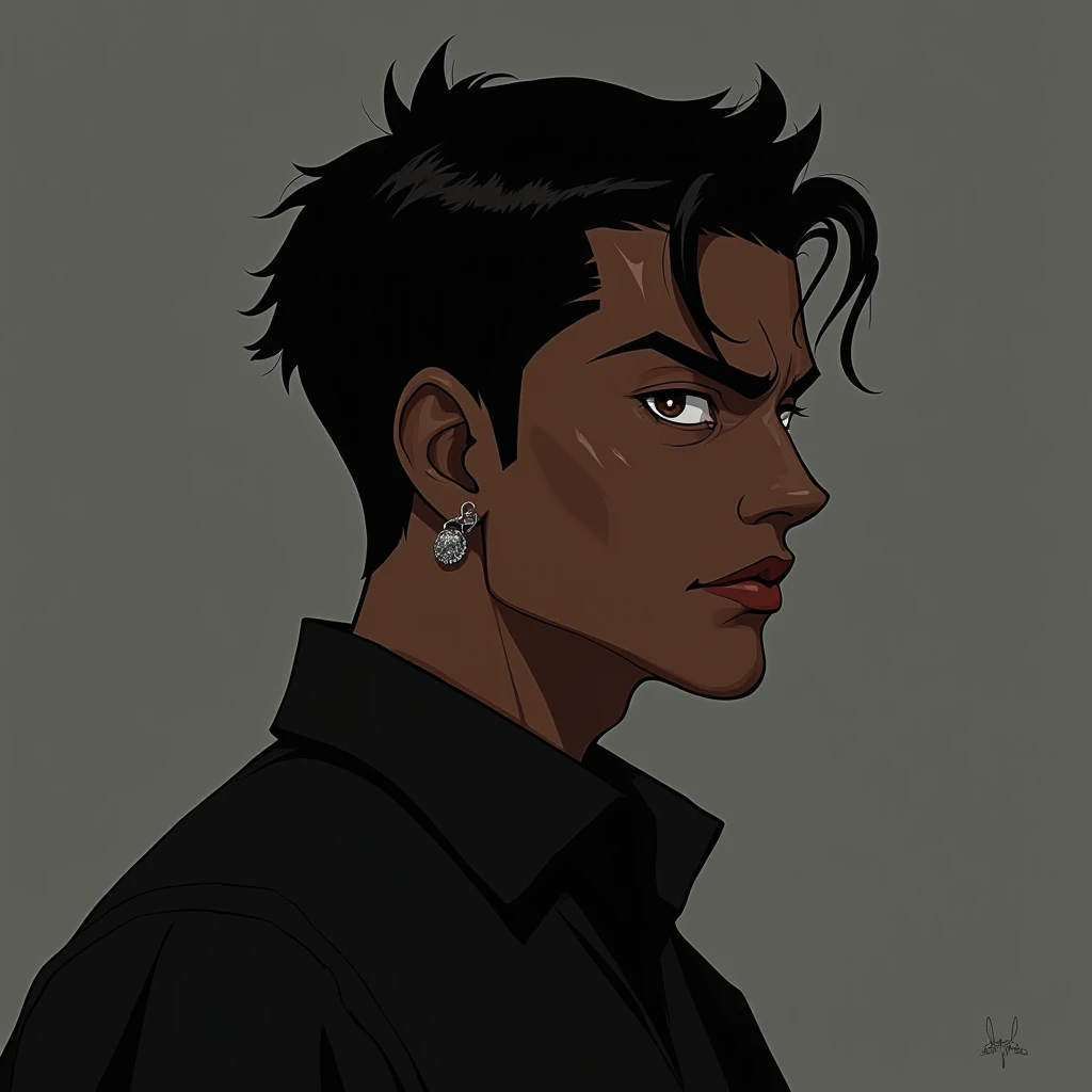 Alone,  masterpiece, mens short hair with earrings
That his skin color is dark brown with a masculine posture and his mouth fleshy eyes a little big 