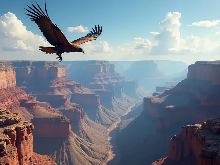 Grand Canyon . The vulture is flying over the precipice.