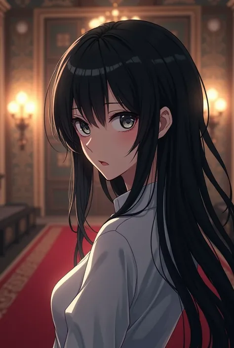 Adult anime girl, stands sideways, psychos gaze ,  Black hair ,  long hair,  white shirt, mansion