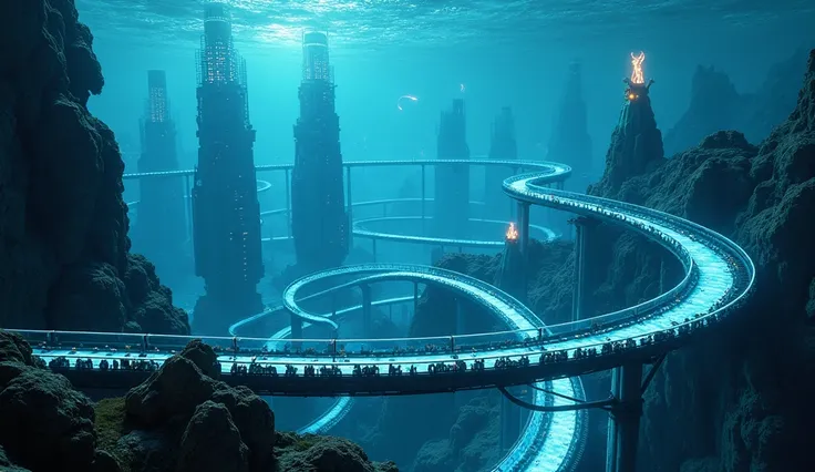 "A roller coaster set in a deep-sea futuristic world, where the track is made of bioluminescent materials and weaves through enormous underwater cities. The coaster glides past glowing sea creatures and submerged futuristic structures."