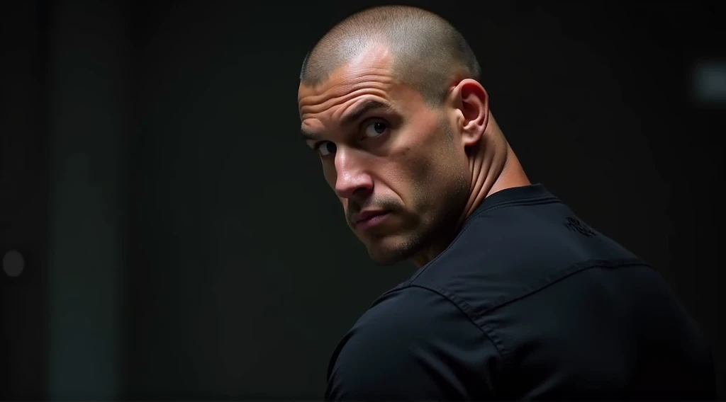 A muscular man with a shaved head and a strong jawline gazes over his shoulder. He has a serious expression, set against a dark, blurred background that highlights his prominent features. He is wearing a black shirt.