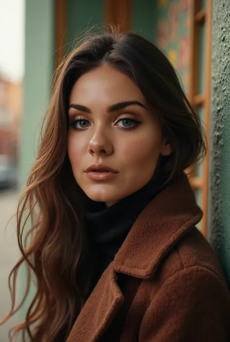 (closeup headshot:1.2), lelastar, a photo of a beautiful woman, perfect long hair, (wearing wool coat, turtleneck jumper:1.2),,,, (simple colorful background:1.2), (cinematic, film grain, movie still:1.3), (color picture:1.1), (looking at viewer), shot wit...