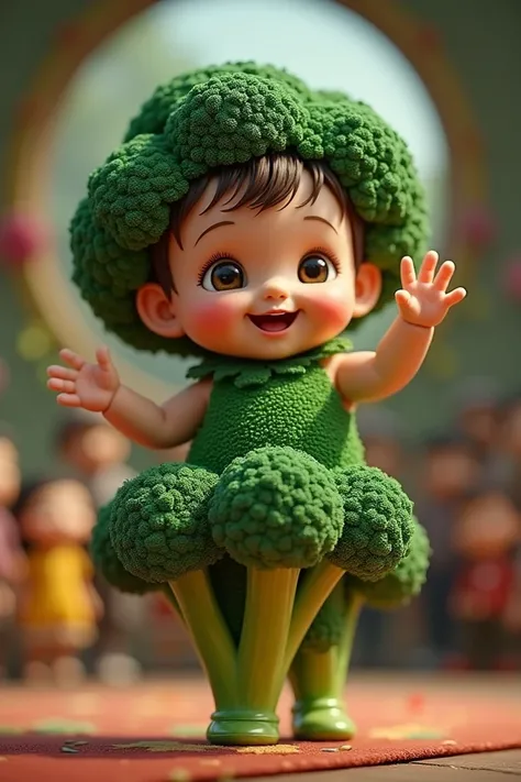 "A toddler smiling face fair skined like dool face girl wearing a fluffy green broccoli costume, with a bushy top and stem-like legs. He is waving to the audience with a big grin as he walks on the stage."
Details