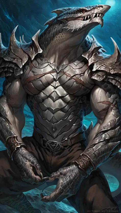 Muscular monster shark, solo, body made of steel, strong, metallic scales, eldrich horror, bone armor, transparent torso with bones, scars on body, 1male solo,feral, muscular, small waist, thick tail, thick scales on the shoulders, marked detailed jaws, op...