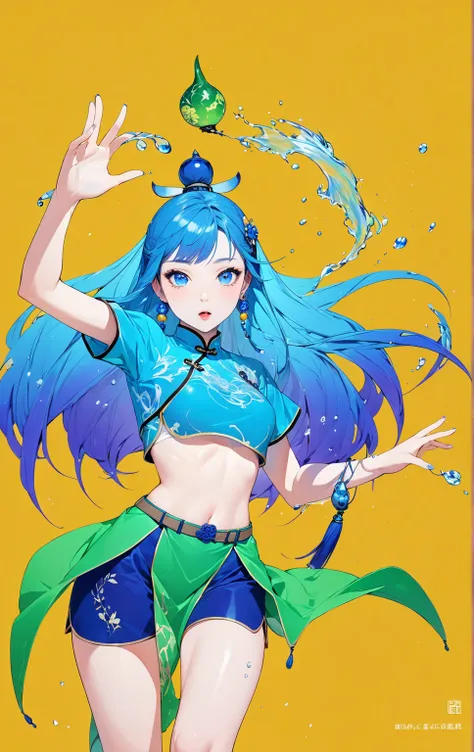 masterpiece， top quality， a girl ， Blue Hair ， blue eyes ，Standing，Zhang Ka Mouth ，gourd，earring，leaf，belt，sapphire，leaf形状的绿色裙子， shorts，Chinese cheongsam，belly button，Spell effects，Water Flow， Delicate Water ， High Contrast Color ， Gorgeous Color 。