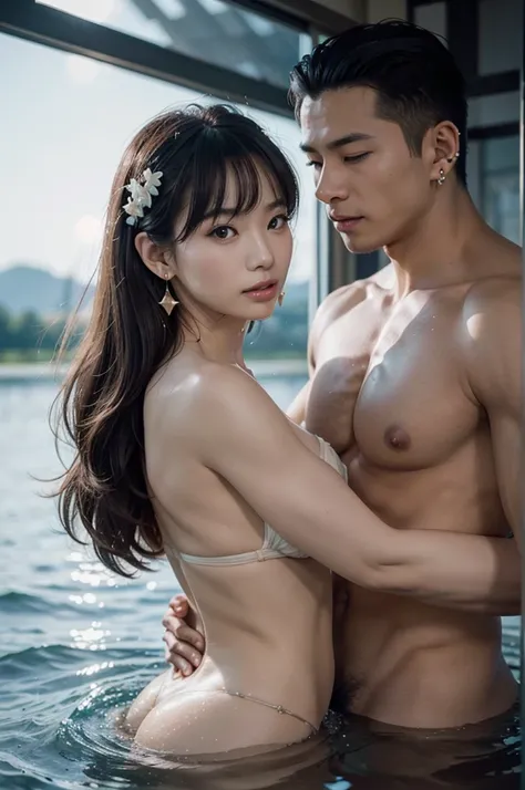 (masterpiece,  top quality,  top quality,  Official Art,  beautiful 、Midea:1.2), ( 1 man:1.3),  very detailed, most detailed, ( Dynamic Poses ), ( pubic skin),( earrings for a woman alone:1.4),

Japanese men。 beautiful muscles holding a woman。Muscular man。...