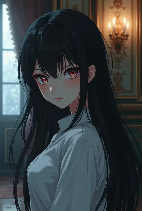 Adult anime girl, stands sideways, psychos gaze ,  Black hair ,  long hair,  white shirt, mansion