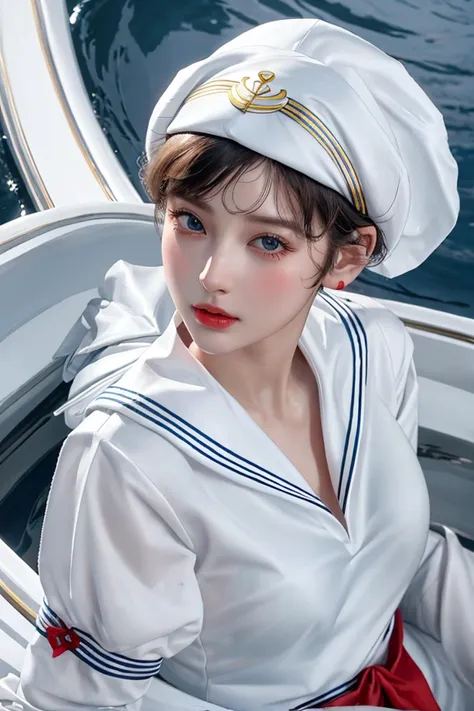 masterpiece,  top quality, 8k,  Photorealistic,  high definition , 1 Female, Alone,  watch viewers, (  detail face ),((White sailor suit))、Super beautiful woman、 erotic short hair、(( itting、 jewelry、 sexy look、 realistic skin、Realistic Face, red ribbon, cu...