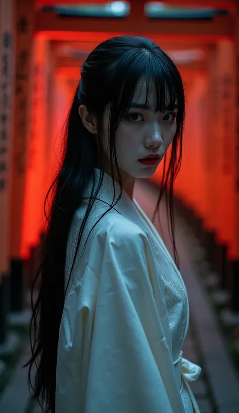   analog film photo, (Art品,  high resolution :1.3),
(模拟照片Particles:1.3),  
A Japanese female vampire ， has a flawless and pale skin color ，Slender and silky black hair。 Her lips are stained with blood from the latest prey 。 The torii gate behind her in a t...