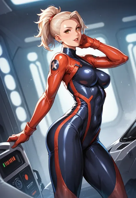 Viewed from the side.perky breasts woMan wearing skintight white plugsuit., pokies. standing pose, pokies . Sexy. Jet fighter cockpit 