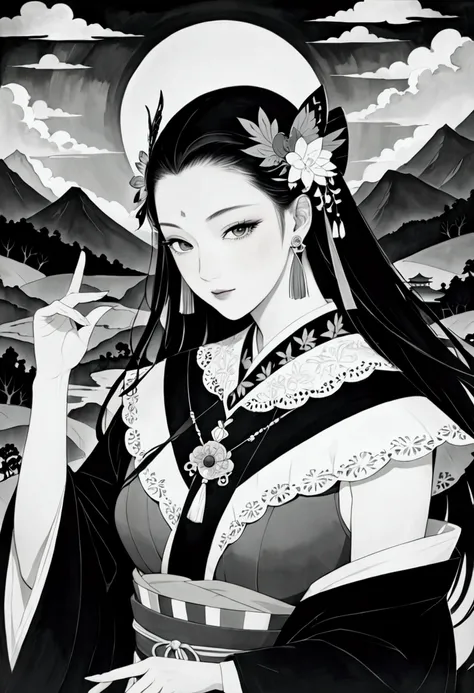 fusion of watercolors and oil paintings, fusion of paper cutting and shadow puppetry, mix of monochrome and color, Himiko, the Queen of Yamataikoku, a beautiful woman, 170 AD to 248 AD, landscape images and effects from that era, classical art, effective e...