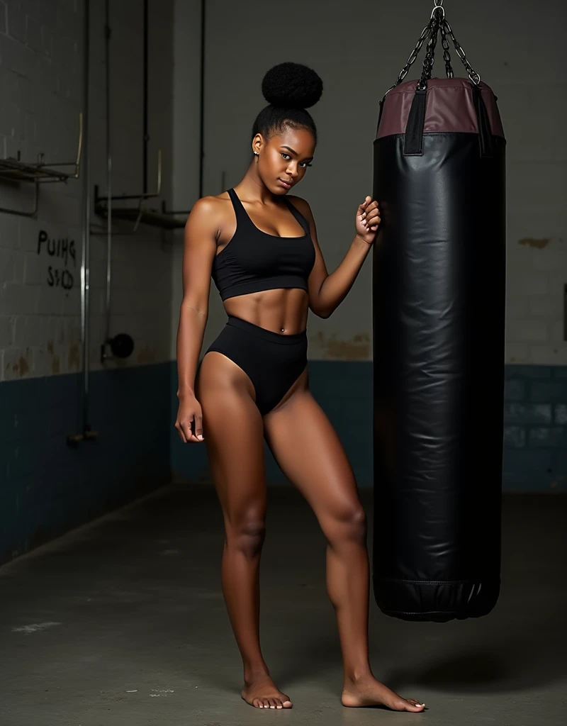 An 18-year-old Afro-descendant woman in a classic black sports bra and lingerie panty, barefoot. She stands tall in a power pose near a punching bag in a gritty boxing gym with dim industrial lighting and rugged walls. The mid-shot captures her strength an...