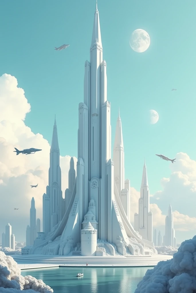 Ciudad futurista y en el centro un castillo moderno, referente a la ciencia ficción,  of science fiction ,  white and celeste, the sky has ships flying around the castle and the city/ Futuristic,  the sky has two moons , It&#39;s daytime, cloudless