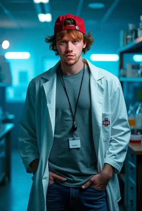 Rupert Grint as a guy wearing a grey t-shirt under a white lab coat, a badge on his neck, blue jeans and a red cap backwards, hot, cinematic, very cinematic, chemestry lab blue dramatic light out of focus as the background, live action realistic.