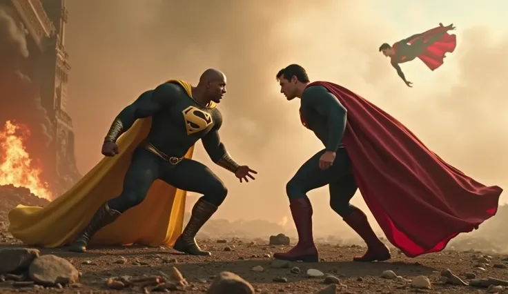 Dwayne Johnson as black Adam on ground ready to attack Henry Cavill as superman flying on above ground. Fire and ash everywhere. 