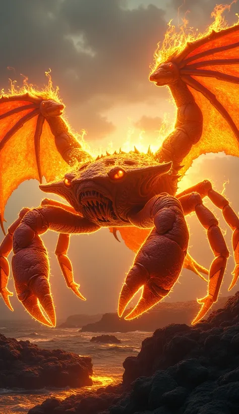 create 32k ultra-realistic masterpiece of a fully mutated and evolved hybrid fusion of a Crab and a Solar Dragon into a Solar Dragon hybrid. The hybrid features a massive, angular crab body with radiant, golden dragon scales covering its hard shell. Its cl...