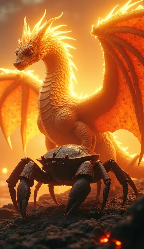 create 32k ultra-realistic masterpiece featuring a Crab and a Solar Dragon as distinct entities in a single frame. The Crab stands with its textured, armored shell and massive pincers, exuding strength and resilience. The Solar Dragon looms nearby, its maj...