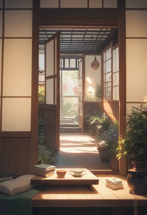  Japanese Room,  open door , lighting ,afternoon,table ,garden, good quality ,Good detail,Obra de arte, perfect and detailed background,lots of detail,