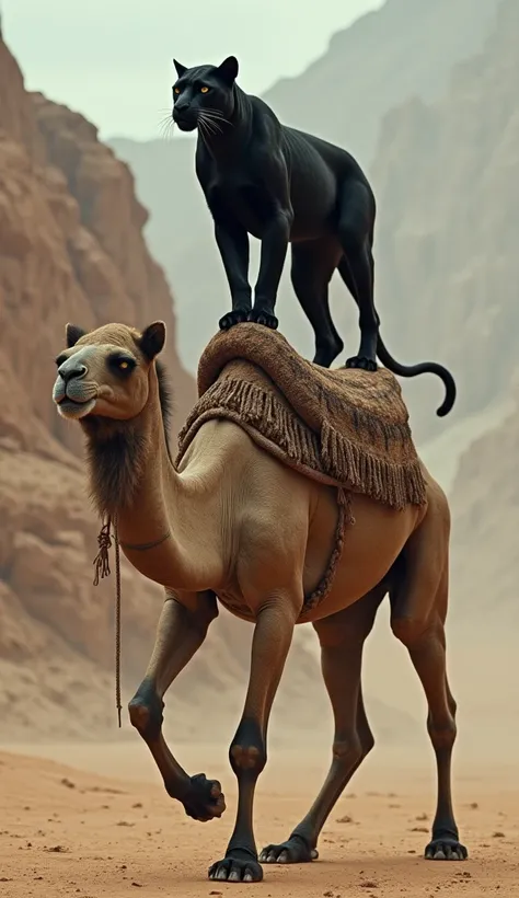 A black panther stands on a tired  camel. Camel dwon and face injured. Camel original skin look and full body face front state.