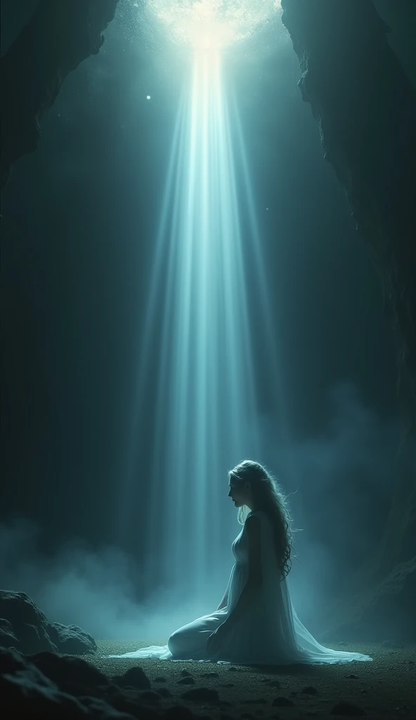 

 A figure kneeling in the dark as a heavenly light descends upon her, showing divine comfort .


