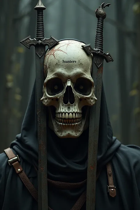 Image of a skull with swords on its head and the words Hunters 