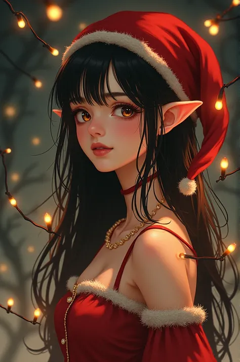 She is a feminine person and she has black hair and has a red hat and Christmas elf clothes and has Christmas lights entangled