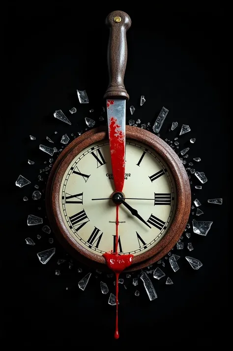 Clock on a black background, a knife stuck in the middle of it with blood dripping out of the clock, glass shattered around it