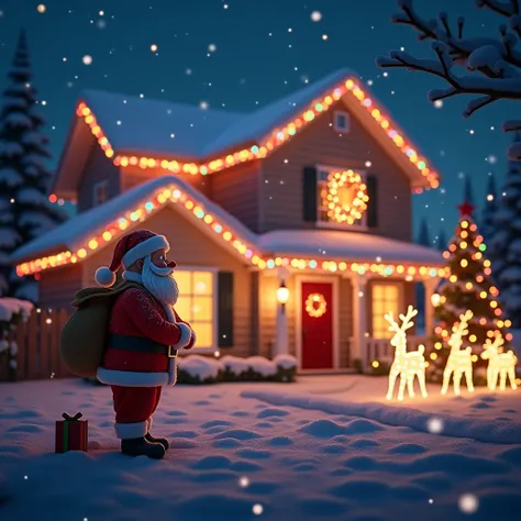 "A magical Christmas night scene featuring a beautifully decorated suburban house glowing with vibrant LED holiday lights. The roof is outlined with colorful string lights, the windows are framed with glowing garlands, and a large, radiant wreath adorns th...