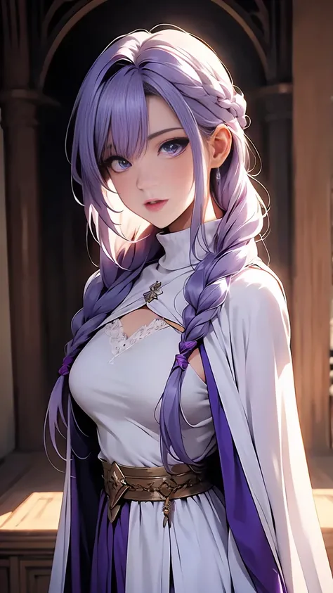 {{upper body}} {{Artist: sincos}} 1girl, solo, lavender hair, purple eyes, medium hair, purple cape, white robe, intrincate detail, medium breasts, smile, half-closed eyes, tsurime, white mage, baggy clothes, long sleeves, hair between eyes, asymmetrical b...