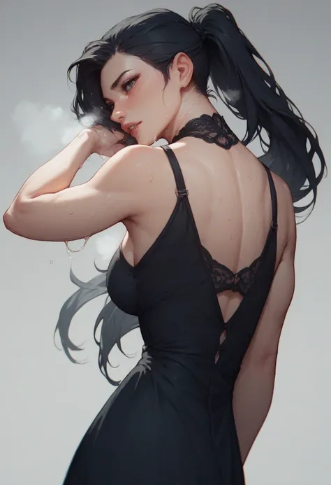 1 Girl,  long black hair ， black dress ，Ponytail，High and cold， black pupils 