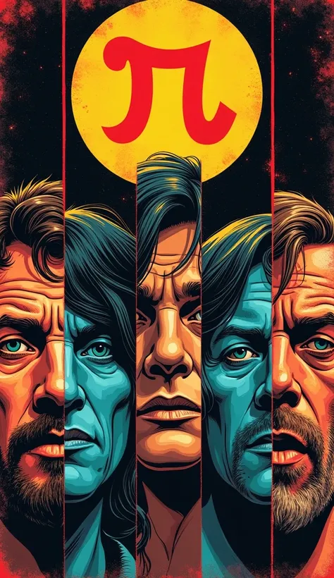 Retro comic book style art, A retro-style split panel showing various suspects, each face partially obscured, with the Zodiac symbol hovering ominously over them,  Comic book cover, symmetrical, vibrant,, 3D