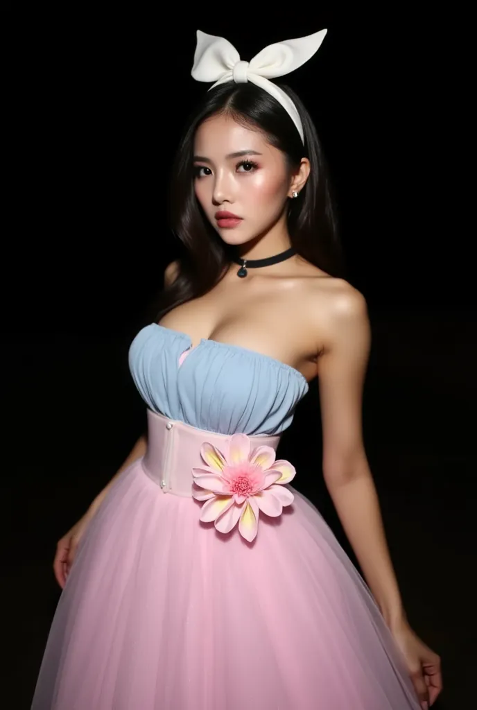 a korean woman with huge sagging breasts and slender body stands against a stark dark backdrop. She is dressed in a light blue sleeveless dress with a pink skirt. The skirt is adorned with a light pink flower, adding a touch of color to the scene. Her hair...