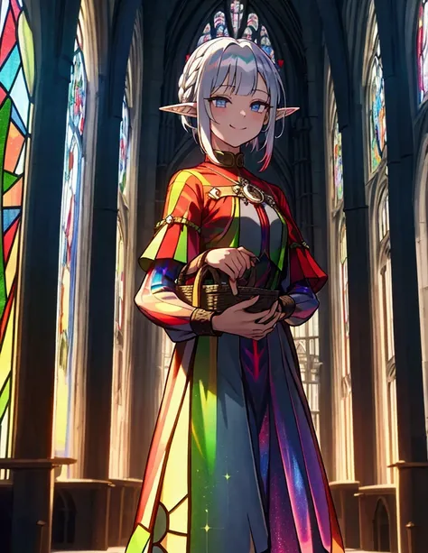 The background is a sunset sunset 、 medieval cityscape with basket、Inside the kaleidoscope、 stained glass background、Legendary Scenery 、 mythical scenery unfolds、The cathedral shines brightly、red and green contrast 、Path of Light、Green clothing、Rinwell sty...